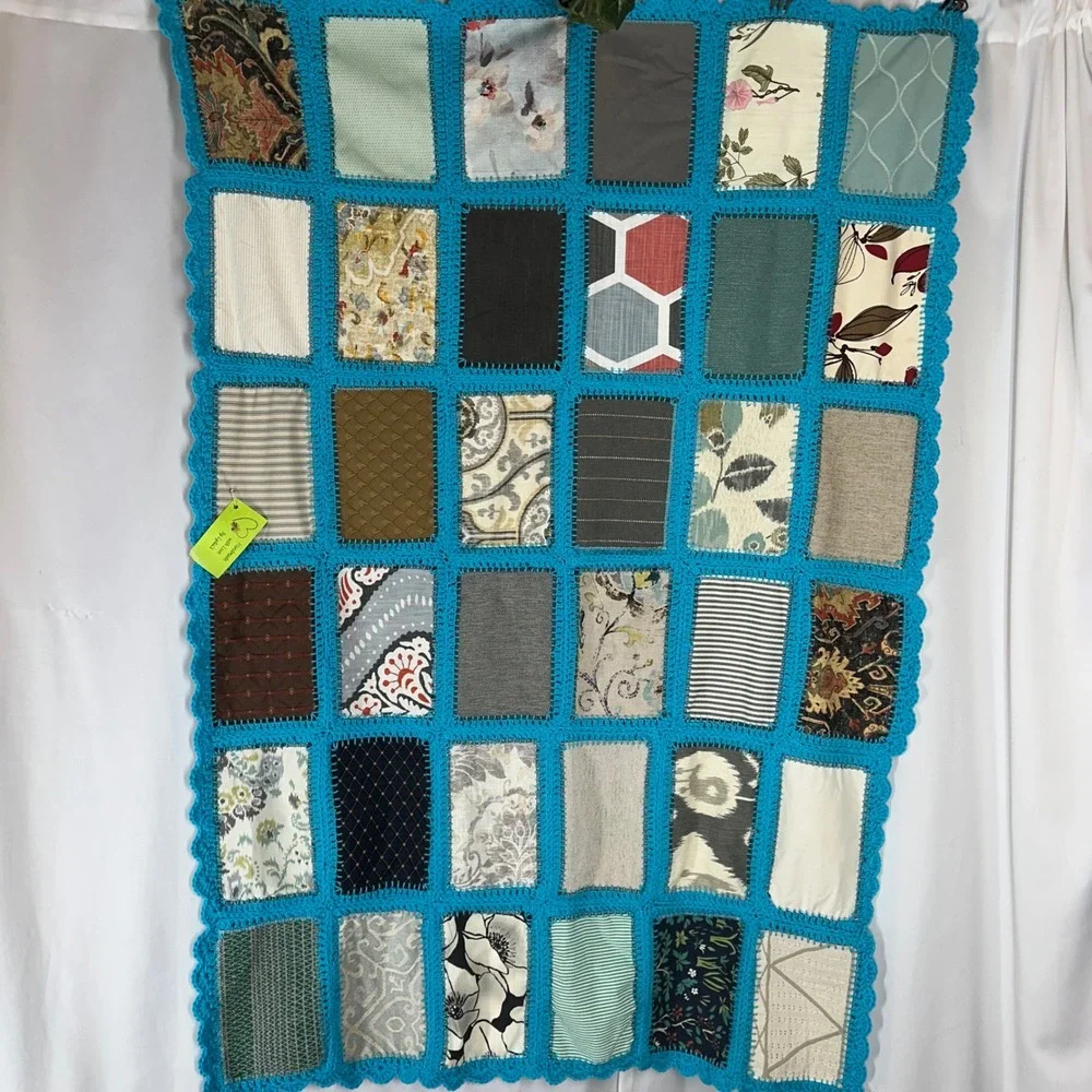 Handmade Patchwork Quilt Turquoise Crochet Border Eclectic Floral 62x43
